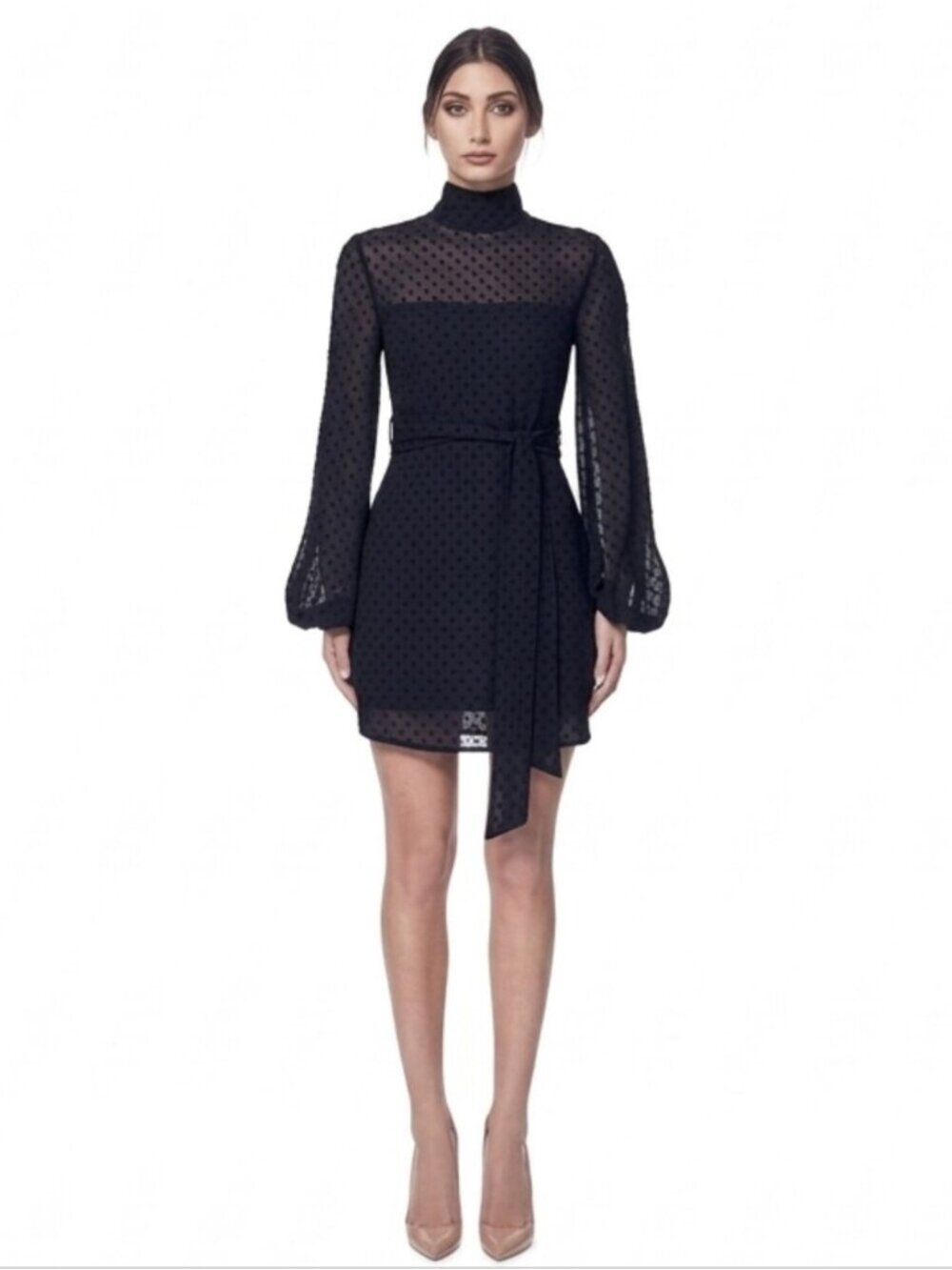 Misha Collection Black High Neck Blouson Long Sleeve Mini Dress